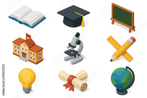 Nine stylized icons related to education. Each icon is designed in a minimalist 3D style with a variety of colors, such as brown, blue, green, and yellow.