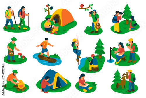 Forest Adventure Icons. Isometric vector illustration set of forest activities: hiking, camping, bird watching, photography,