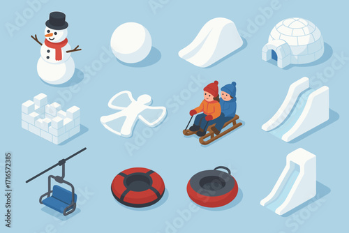 Twelve stylized elements associated with winter entertainment. Each element is designed in a minimalist 3D style with a predominance of white and blue tones.