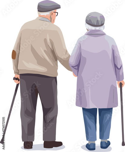Elderly couple walking, cane support, senior companionship, aging health, hand-in-hand, outdoor stroll, retirement life, vector illustration, supportive image