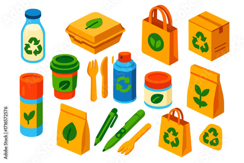 Eco-Friendly Product Icons. Isometric vector illustration set of eco-friendly recycling products: glass milk bottle with recycling