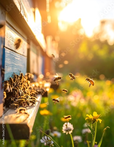 Bees flying near a beehive at sunset