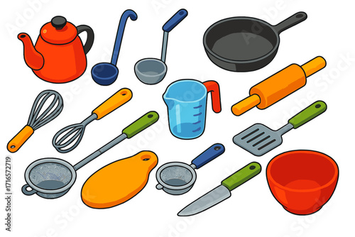 Colorful Kitchen Tools. Isometric vector illustration set of kitchen tools: enamel teapot, ladle, cast iron skillet, pastry