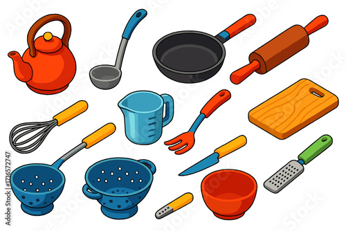 Colorful Kitchen Tools. Isometric vector illustration set of kitchen tools: vintage teapot, soup ladle, nonstick frying pan, heavy