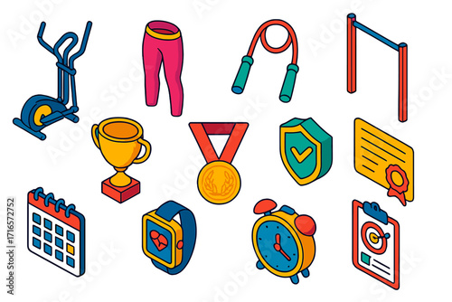 Fitness Achievement Icons. Isometric vector illustration set of fitness, achievement, and schedule concepts: elliptical trainer,