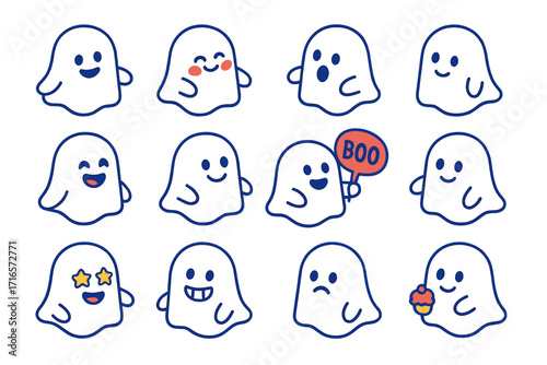 Colorful Ghost Icons. Isometric vector illustration set of ghosts with various expressions: cheerful ghost, blushing ghost,