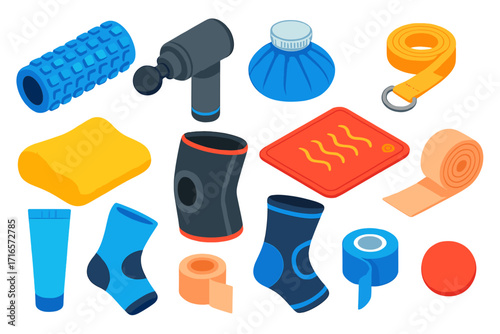 Fitness Recovery Tools. Isometric vector illustration set of fitness recovery tools: textured foam roller, percussion massage gun,