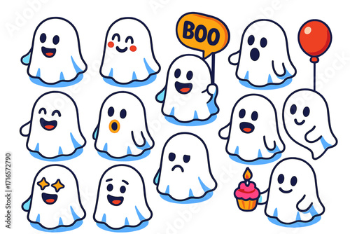 Colorful Ghost Icons. Isometric vector illustration set of ghosts with various expressions: cheerful ghost, blushing ghost,
