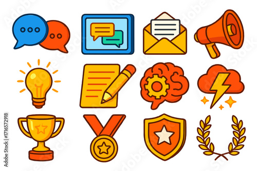 Bold Communication Icons. Isometric vector illustration set of communication, ideas, and achievement concepts: dialogue bubbles,
