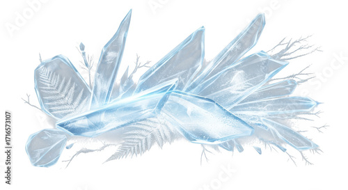 Luminous ice crystals with delicate fern fronds against a stark black background