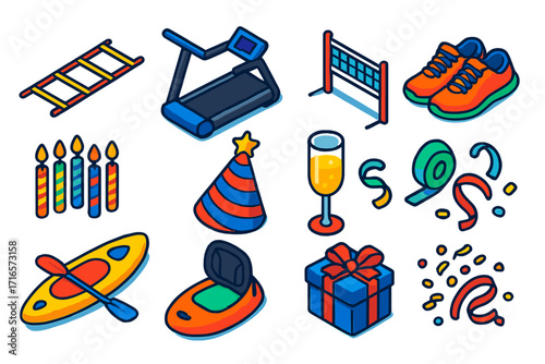 Active Celebration Icons. Isometric vector illustration set of active living and celebration themes: agility ladder, treadmill,