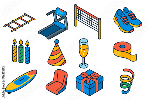 Active Celebration Icons. Isometric vector illustration set of active living and celebration themes: agility ladder, treadmill,