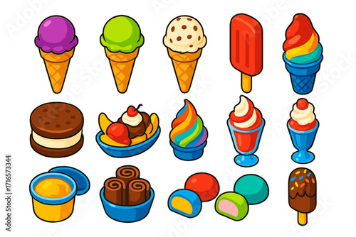 Colorful Ice Cream Icons. Isometric vector illustration set of ice cream: waffle cone with grape scoop, waffle cone with lime