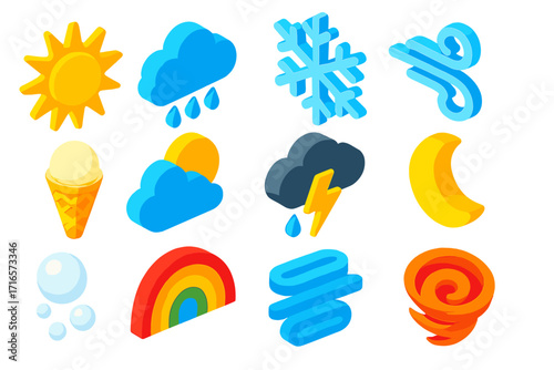Weather and Ice Cream Icons. Isometric vector illustration set of weather icons: golden sun shape, rainy cloud shape, icy