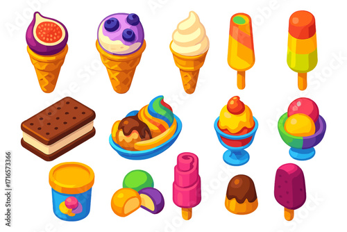 Colorful Ice Cream Icons. Isometric vector illustration set of ice cream: waffle cone with fig scoop, waffle cone with blueberry