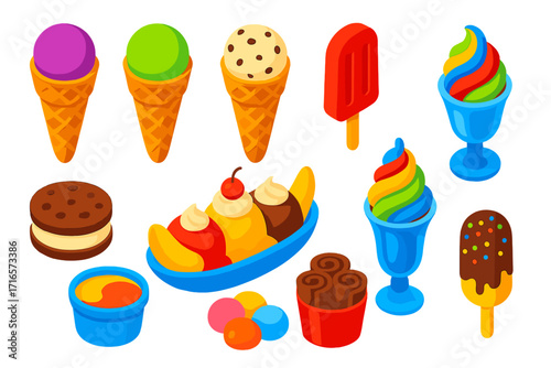 Colorful Ice Cream Icons. Isometric vector illustration set of ice cream: waffle cone with grape scoop, waffle cone with lime