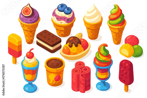 Colorful Ice Cream Icons. Isometric vector illustration set of ice cream: waffle cone with fig scoop, waffle cone with blueberry