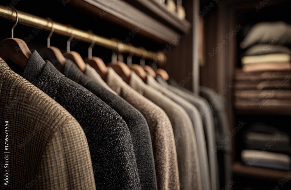 Obraz premium Organized suits hanging in a dark closet