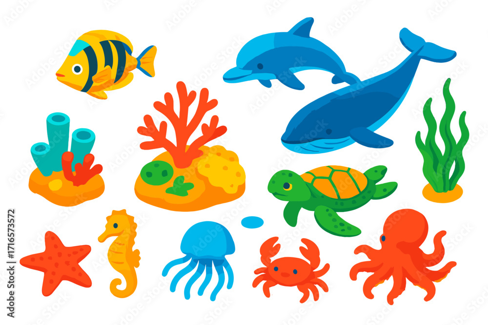Naklejka premium Vibrant Ocean Icons. Isometric vector illustration set Ocean Life: coral reef, tropical fish, sea turtle, dolphin, whale, starfish