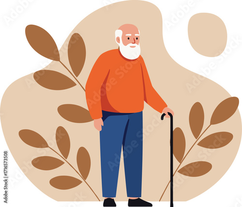 Elderly man, cane, peaceful scene, aging, senior lifestyle, mobility aid, nature, leaf illustration, abstract background, independence, health, character design, mature adult, casual attire