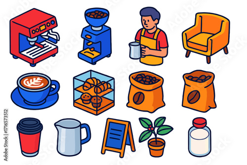 Coffee Shop Icons. Isometric vector illustration set Coffee Shop: espresso machine, coffee grinder, barista, latte art cup,