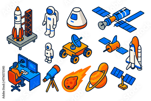 Space Exploration Icons. Isometric vector illustration set Space Exploration: rocket launchpad, astronaut, space capsule, lunar