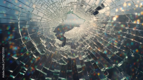 Sunlight refracts through shattered glass creating mesmerizing abstract patterns and bokeh effects