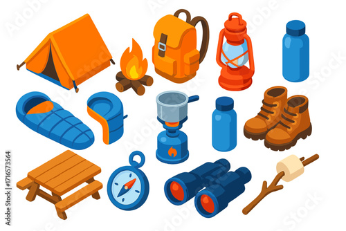 Camping Gear Icons. Isometric vector illustration set Camping: tent, campfire, backpack, lantern, sleeping bag, portable stove,