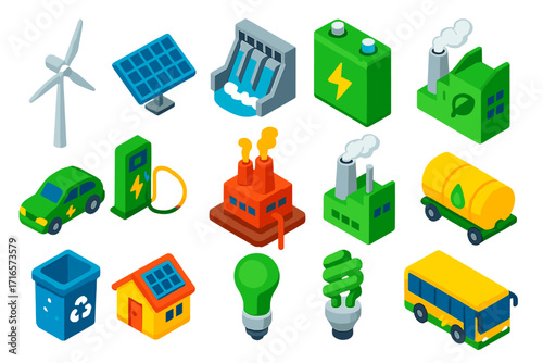 Renewable Energy Icons. Isometric vector illustration set Renewable Energy: wind turbine, solar panel, hydroelectric dam, battery