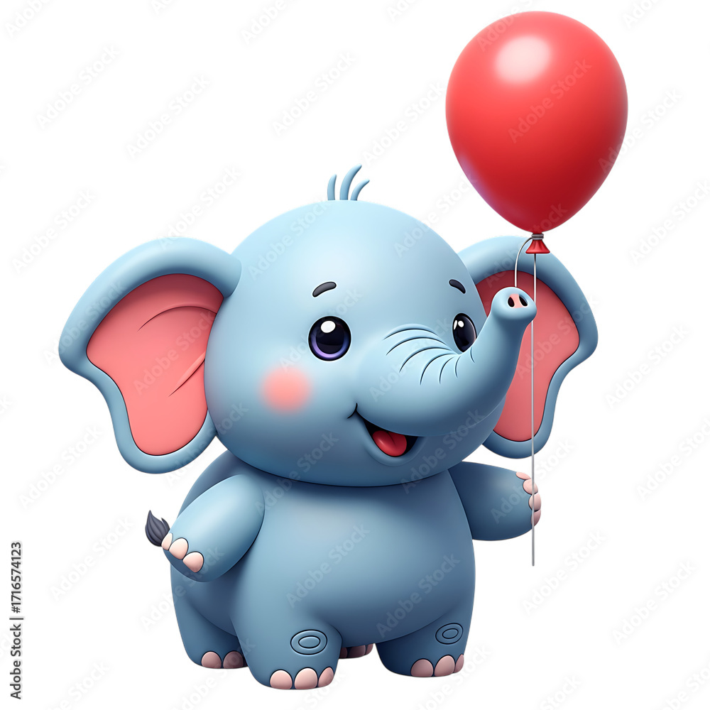 Naklejka premium Adorable cartoon elephant holding a red balloon smiling joyfully isolated on transparent background
