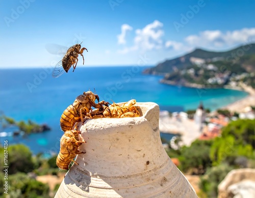 Bees on a pot overlooking the sea