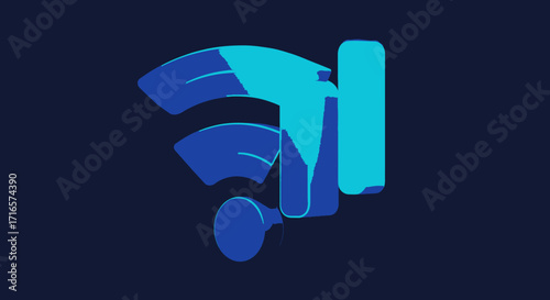 Stylized illustration of a WiFi signal icon with a smartphone, rendered in shades of blue on a dark background.