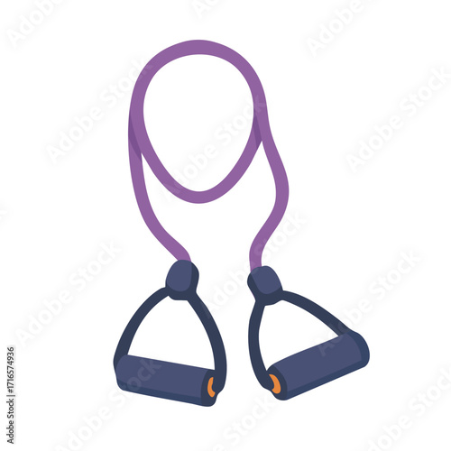 Vector illustration of purple resistance band with handles for workout and fitness in flat cartoon doodle style.