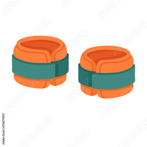 Vector illustration of orange ankle weights with green straps in simple flat cartoon doodle style.