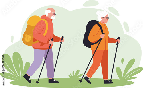 Senior couple hiking outdoors, elderly travelers trekking with backpacks, active retired lifestyle in nature, healthy aging adventure trip.