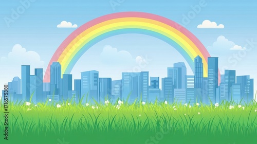 Cityscape with rainbow and grass