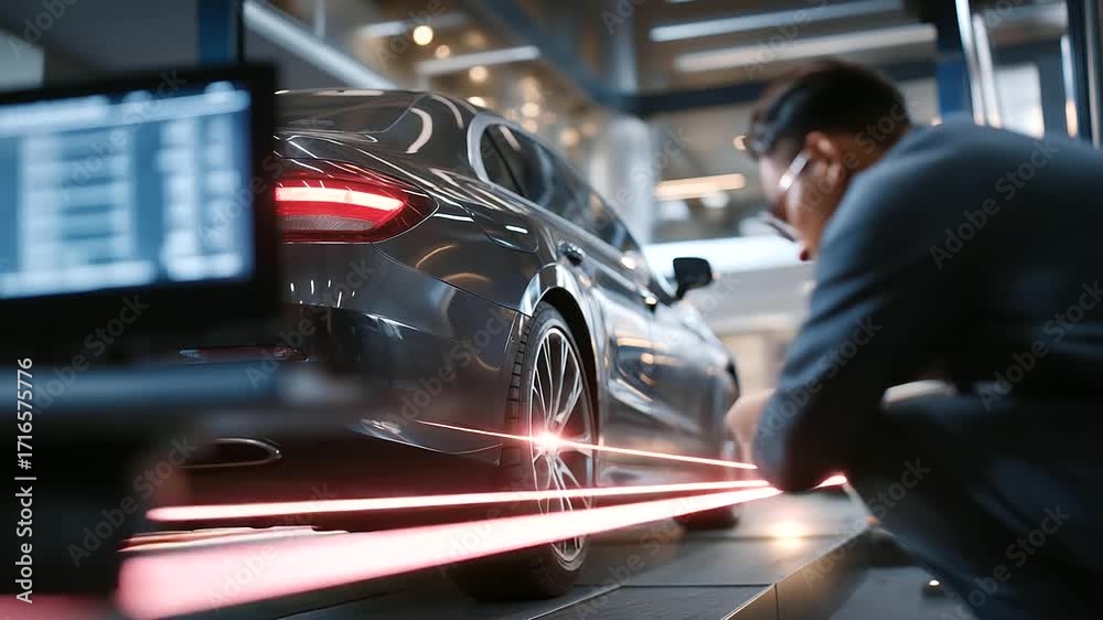 A mechanic tests a car’s alignment in a garage with lasers guiding ...