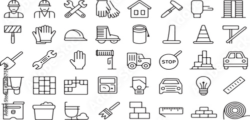 Construction, building, industrial, engineering, tools, worker, hard hat, wrench, hammer, drill, paint, gloves, helmet, dump truck, house, trowel, shovel, bricks, cement,  vecto rillustration icon 