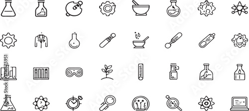 Science, laboratory, chemistry, physics, biology, research, experiment, analysis, molecule, atom, flask, beaker, test tube, microscope, goggles, DNA, genetics, chemical, vector illustration icon 