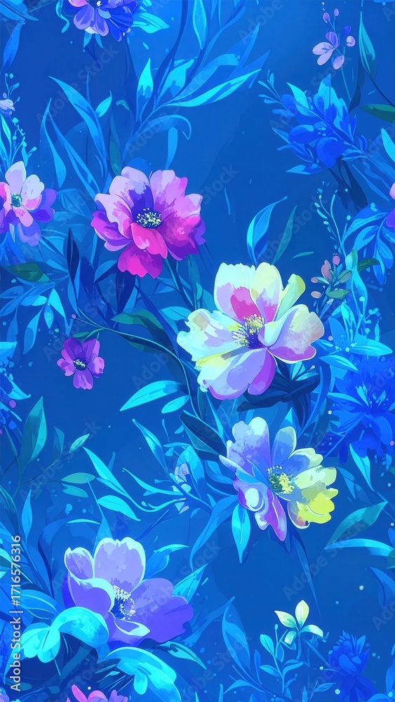 Obraz premium Fiori Astratti con Effetto Neon Glow, Composizione Floreale Digitale in Colori Pastello e Scintillio, Sfondo Sognante e Vibrante.