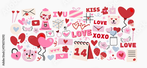 Cartoon stickers for St. Valentine's Day in retro 90s style. February 14th romantic elements, hearts, boquets, love, gifts, flowers. Vector handraw Love and Romantic Symbols shapes lovely set.