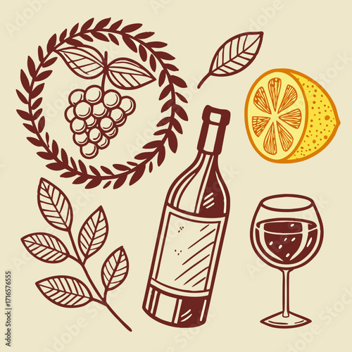 Wine and fruit arrangement with grapes, lemon, and a bottle of wine