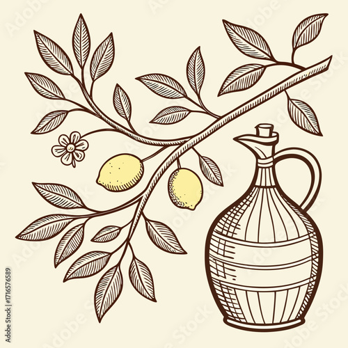 Vintage lemon tree branch with olive oil bottle illustration