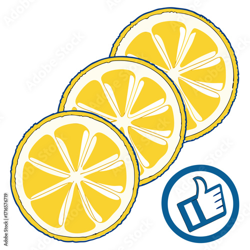 Three lemon slices and a thumbs up icon