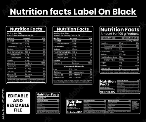 Nutrition Facts Labels on Black Background Featuring Various Nutritional Information and Serving Sizes Promoting Healthy Eating and Informed Dietary Choices