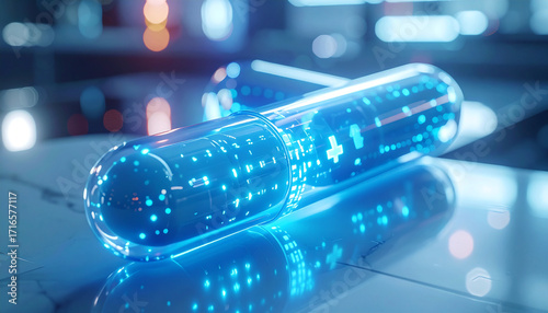 Technological Capsule of the Future: An eye-level perspective on two glowing, futuristic capsules, radiating a vibrant blue glow, showcasing cutting-edge advancements in healthcare and science.
