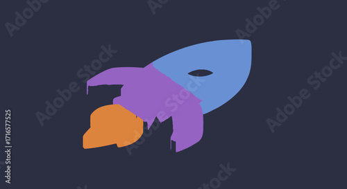 Abstract rocket ship with flame on a dark background, simple design.