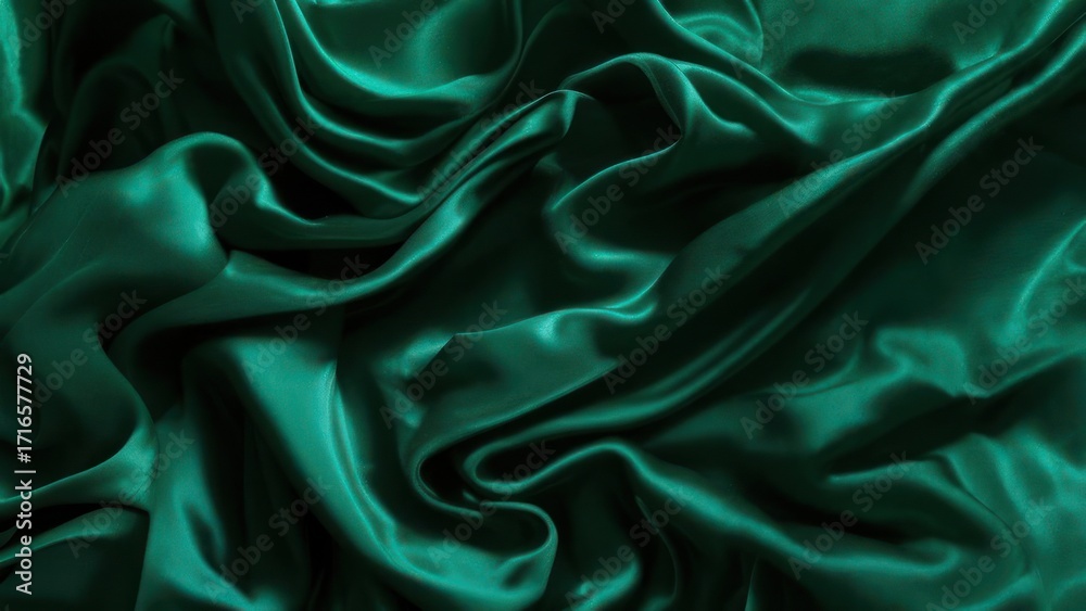 Obraz premium Luxurious flowing emerald green silk fabric texture with soft light and elegant drapes