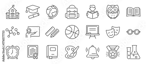 School line icon set. Containing teacher, school building, laboratory, sport, student, diploma, owl, globe, paintbrush and more. Editable stroke. Vector illustration.