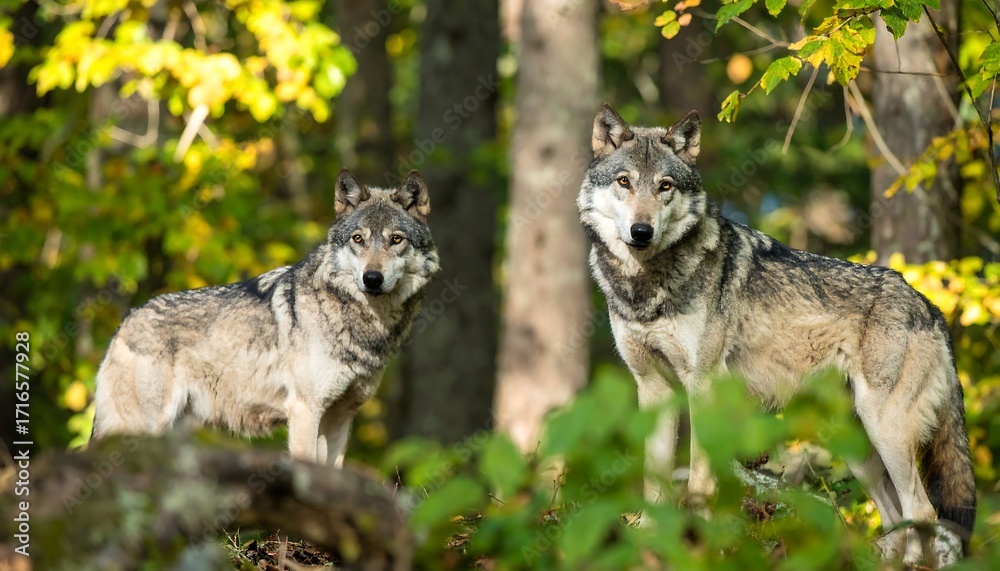 Fototapeta premium Two wolves in autumn forest